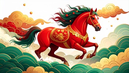 Majestic galloping red horse adorned with gold embroidery traditional Chinese Lunar New Year illustration surrounded by auspicious Ruyi clouds chinese new year. shio horse