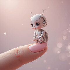 A miniature baby android sitting on a human finger. 