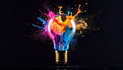 Light bulb bursting with colorful paint splashes on dark background, symbolizing creativity and bright ideas.