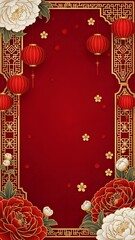 Vertical traditional frame design with ornate borders, red lanterns, and large white and red peony flowers.