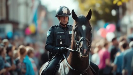 A police officer on horseback confidently navigates through a vibrant crowd. The atmosphere buzzes with excitement and energy. A unique perspective on law enforcement. Generative AI