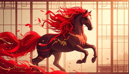 Powerful dynamic dark brown horse running with a flowing fiery red mane and tail illustration against an ornate traditional Japanese shoji screen window backdrop chinese new year. shio horse