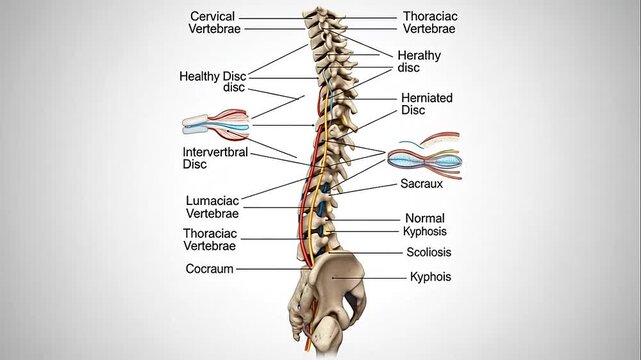 Human Spine Anatomy Diagram with Vertebrae and Discs on Isolated White Background