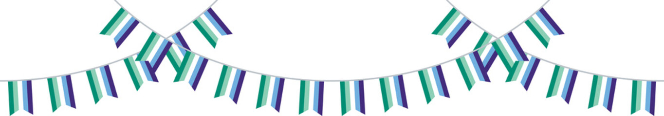 Green, white, blue and purple colored party bunting, as the colors of the gay man flag. LGBTQI concept. Flat design illustration.