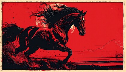 Powerful dark horse galloping in action against a vibrant red background in a dramatic graphic novel style illustration poster chinese new year. shio horse
