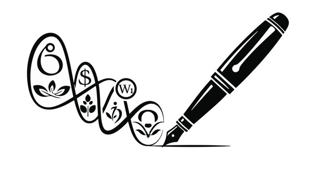 Elegant fountain pen draws a flowing line of symbolic icons and letters on white background