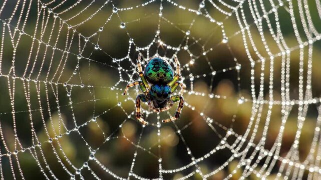 Iridescent peacock spider on dewcovered orb web in morning light