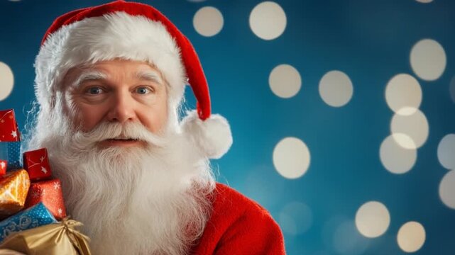 Jolly Santa with Presents: A jovial Santa Claus, embodies the spirit of Christmas. with a hearty smile and a bundle of colorful gifts.