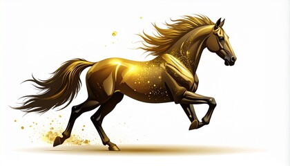 Majestic golden horse galloping illustration isolated on white background luxurious fantasy creature design sparkling with vibrant magic dust and flowing bronze mane chinese new year. shio horse