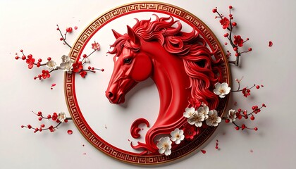 Striking red horse head relief sculpture artistic representation of the Chinese Zodiac centered in a decorative gold frame with white and red spring blossoms ideal for Lunar New Year celebrations