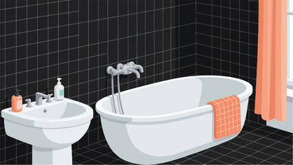 An illustrated bathroom with black tiles, a white freestanding tub, a sink, and orange accents