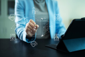 Cloud cybersecurity and secure data workflow with VPN, encryption, mobile access, and digital protection technology for business, cloud computing, and online privacy.