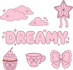 "Dreamy" Pink Aesthetic Illustration Set with Clouds, Cupcakes, and Bows