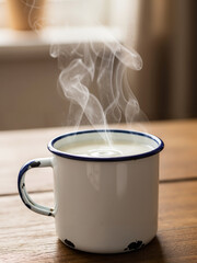 Hot steaming cup of milk on wooden table in cozy interior  
