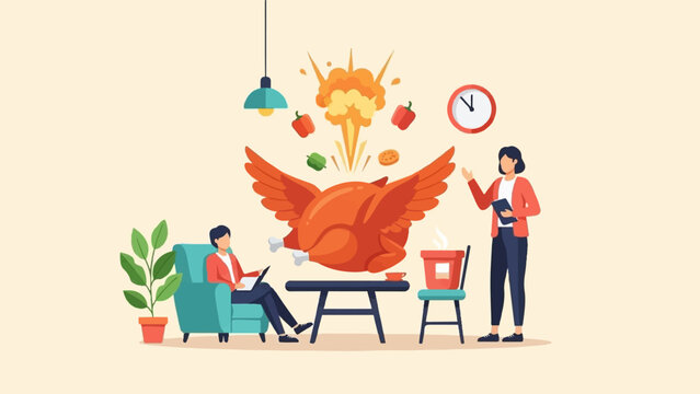 A whimsical illustration of a flying roasted chicken exploding with vegetables in a modern living room