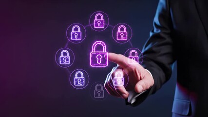 Businessperson interacting with digital security interface featuring glowing padlock icons for cybersecurity and data protection. Network concept with encryption and privacy technology. Corporate - Powered by Adobe