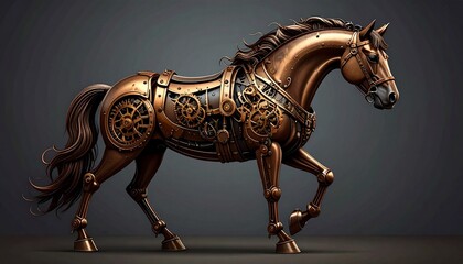 Detailed bronze robotic horse with intricate clockwork mechanisms and brass gears symbolizing Victorian era innovation and futuristic fantasy chinese new year. shio horse