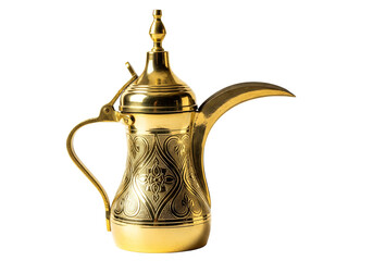 ornate golden arabic dallah coffee pot on white background