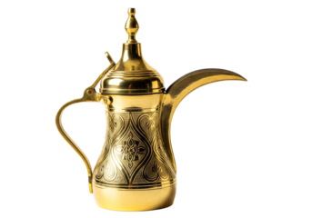 ornate golden arabic dallah coffee pot on white background
