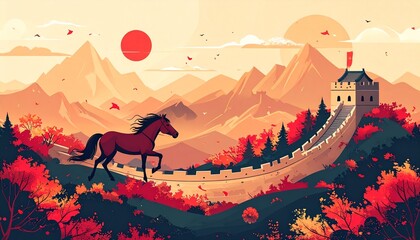 Beautiful illustration of the magnificent Great Wall of China under a setting sun a lone horse wanders through the colorful red and orange trees and dramatic peaks chinese new year. shio horse