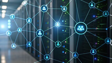 A network visualization showing interconnected users and servers, highlighting the digital connectivity in a data center environment.