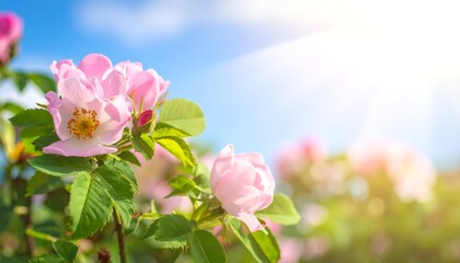 A close-up view of delicate pink flowers basking in sunlight against a bright blue sky and lush greenery