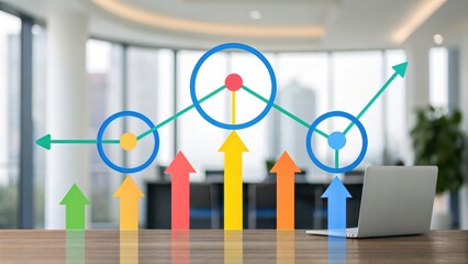 A modern workspace featuring a laptop and colorful upward graphs, symbolizing growth and data analysis in a professional setting.