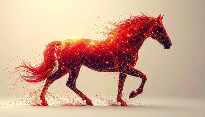 Majestic galloping horse rendered as a futuristic interconnected digital network of glowing red lines and golden dots symbolizing speed and power chinese new year. shio horse