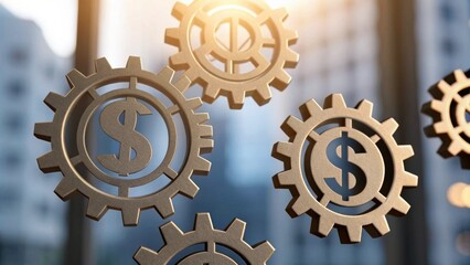 A close-up of metallic gears with dollar symbols, symbolizing finance, business mechanics, and economic processes.