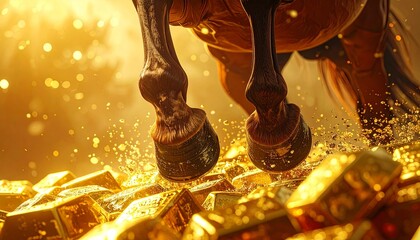 Horse hooves landing on a massive pile of bright shiny gold bars splashing brilliant glowing particles luxury success wealth concept dynamic financial victory illustration chinese new year. shio horse