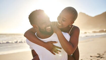 A joyful couple embraces on a sunlit beach, with waves gently lapping against the shore in the background
