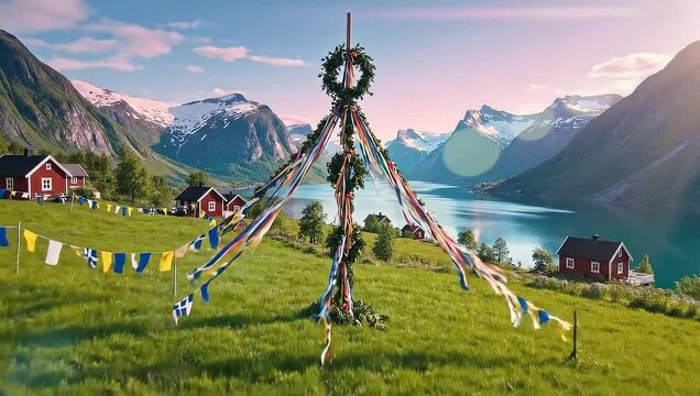 A scenic view of a Norwegian fjord with a traditional maypole in the foreground.