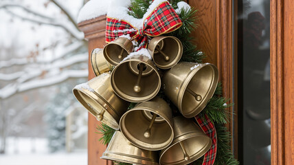 Decorative golden bells with ribbon on door during winter season  