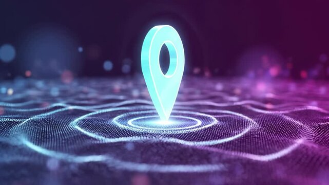 Glowing location pin marker on digital map surface with data visualization waves. Gps navigation and geolocation technology concept for tracking and mapping services. Modern abstract interface