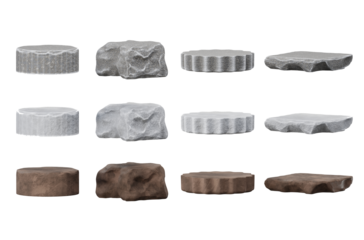 Stone Display Platforms: A set of stone display platforms of various shapes and textures, ready to showcase a product or object.