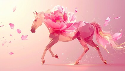 Elegant geometric horse composed of pink polygons running gracefully surrounded by flying flower petals and glowing light ethereal floral fantasy artwork chinese new year. shio horse