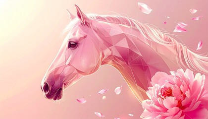 Majestic pink crystalline horse portrait featuring a geometric style surrounded by lush peony petals and soft light abstract vector illustration background chinese new year. shio horse