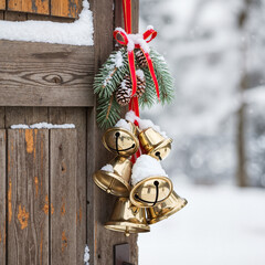 Winter seasonal bells hanging on wooden door with snow and pine  