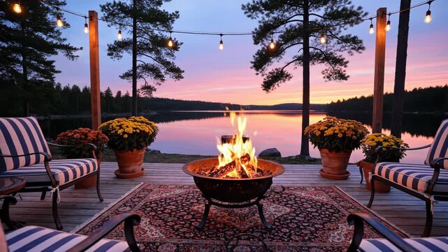 Beautiful outdoor fire pit on a wooden deck with sunset view over a tranquil lake, isolated on white background