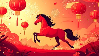 Majestic red horse illustration celebrating the Chinese New Year with traditional lanterns sparkling fireworks and vibrant festive colors honoring the zodiac animal chinese new year. shio horse