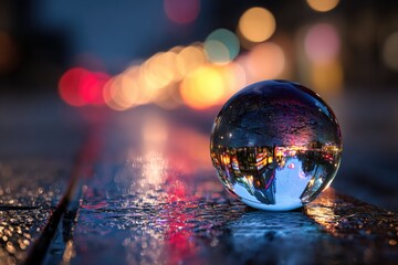 Reflective glass orb captures vibrant city lights, merging reali