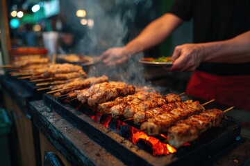 Naklejka premium Juicy skewers sizzle over open flames, showcasing vibrant grilli