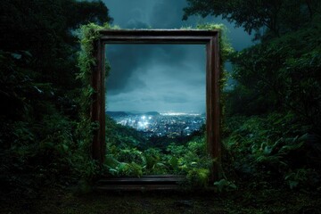 Framed view of city lights contrasts lush greenery, blending nat