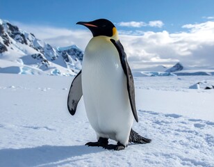 Fototapeta premium Emperor penguin on snowy Antarctic landscape
