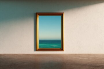 Framed ocean view contrasts with minimalist interior, evoking tr