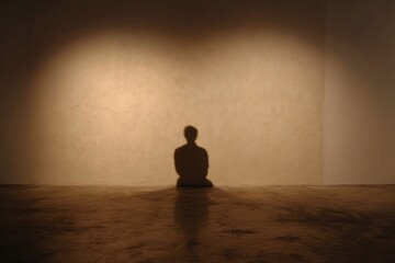 Silhouette of figure against softly lit wall creates an introspe
