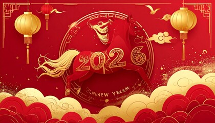 Vibrant red and gold Chinese New Year 2026 banner featuring the powerful Zodiac Horse symbol traditional Asian holiday celebration greeting card poster design chinese new year. shio horse