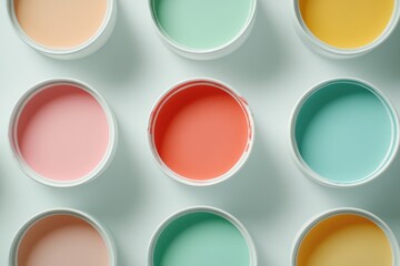 Pastel paint cans arranged in grid showcase vibrant colors for c
