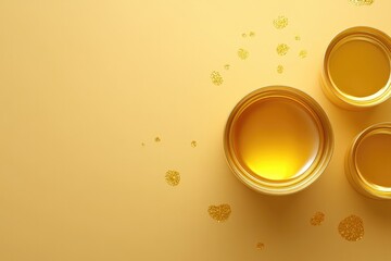 Golden paint cans arranged on warm yellow background create vibr