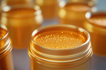 Shimmering gold paint in containers, showcasing texture and vibr